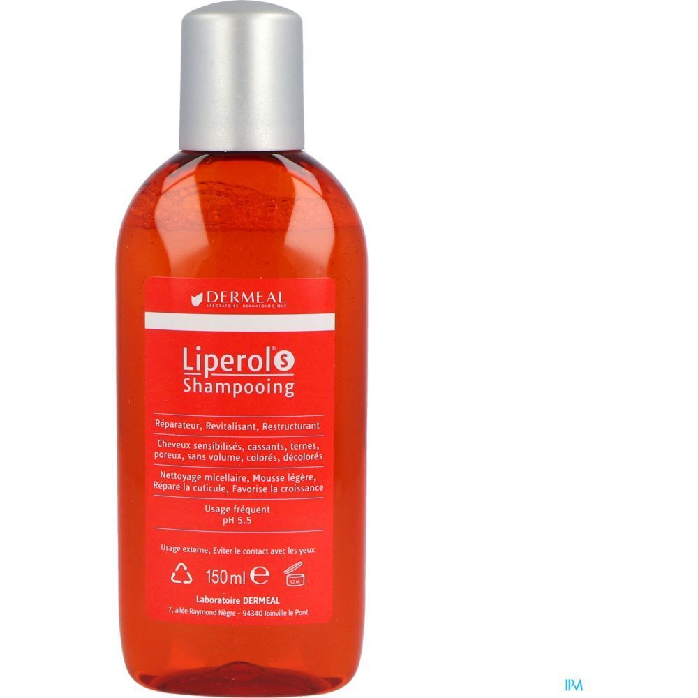 Flacon rouge Liperol S Shampooing. Bouchon argenté. Marque Dermeal.