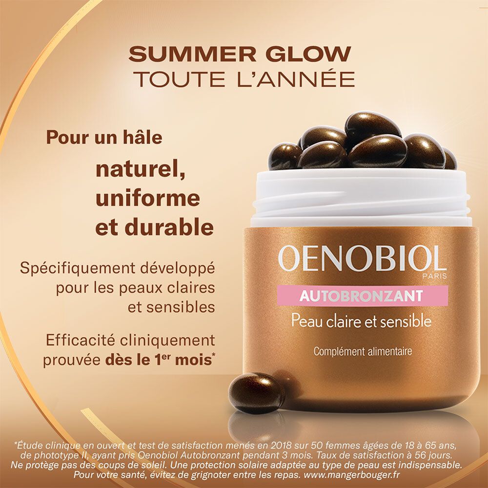 Gélules brunes dans un pot. Inscription: Oenobiol Autobronzant Peau claire et sensible. Complément alimentaire.