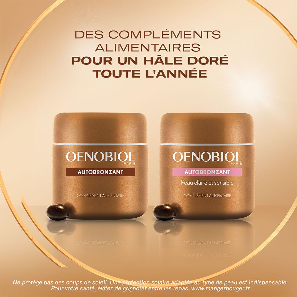 Boîte Oenobiol. Contient des gélules. Inscription: Autobronzant Peau Claire et Sensible. Programme 2 mois.