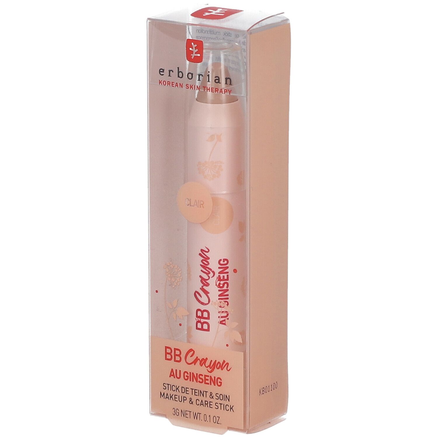 Crayon BB Erborian en boîte. Bâton rose avec texte. Emballage transparent.