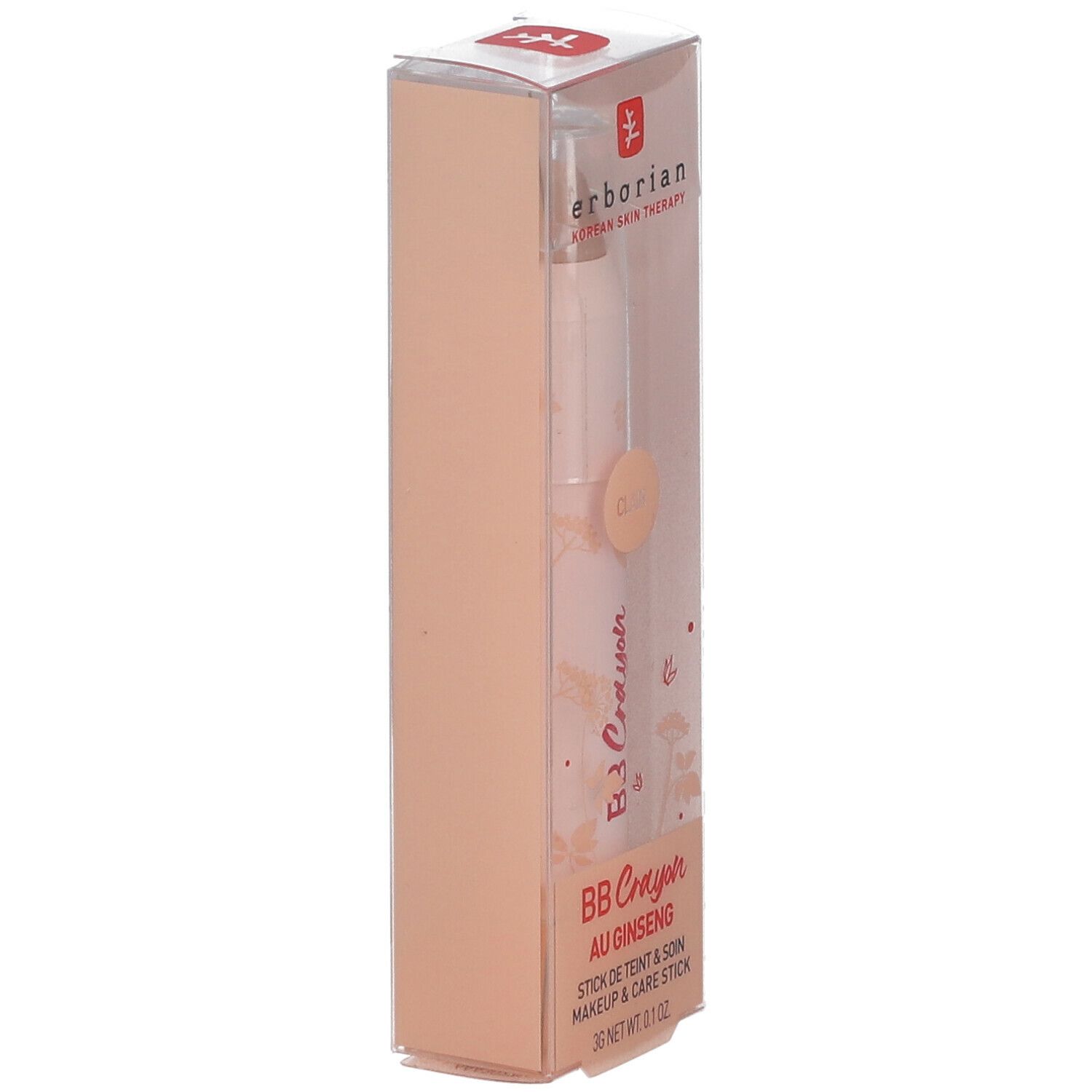 Crayon BB Erborian en boîte. Bâton rose dans emballage transparent.