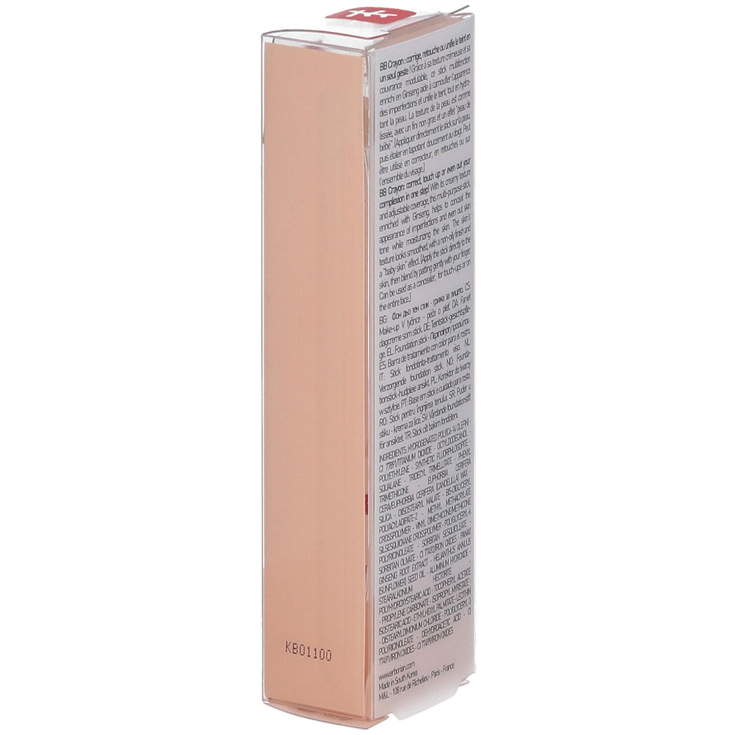 Emballage produit avec texte. Boîte rose avec informations produit.