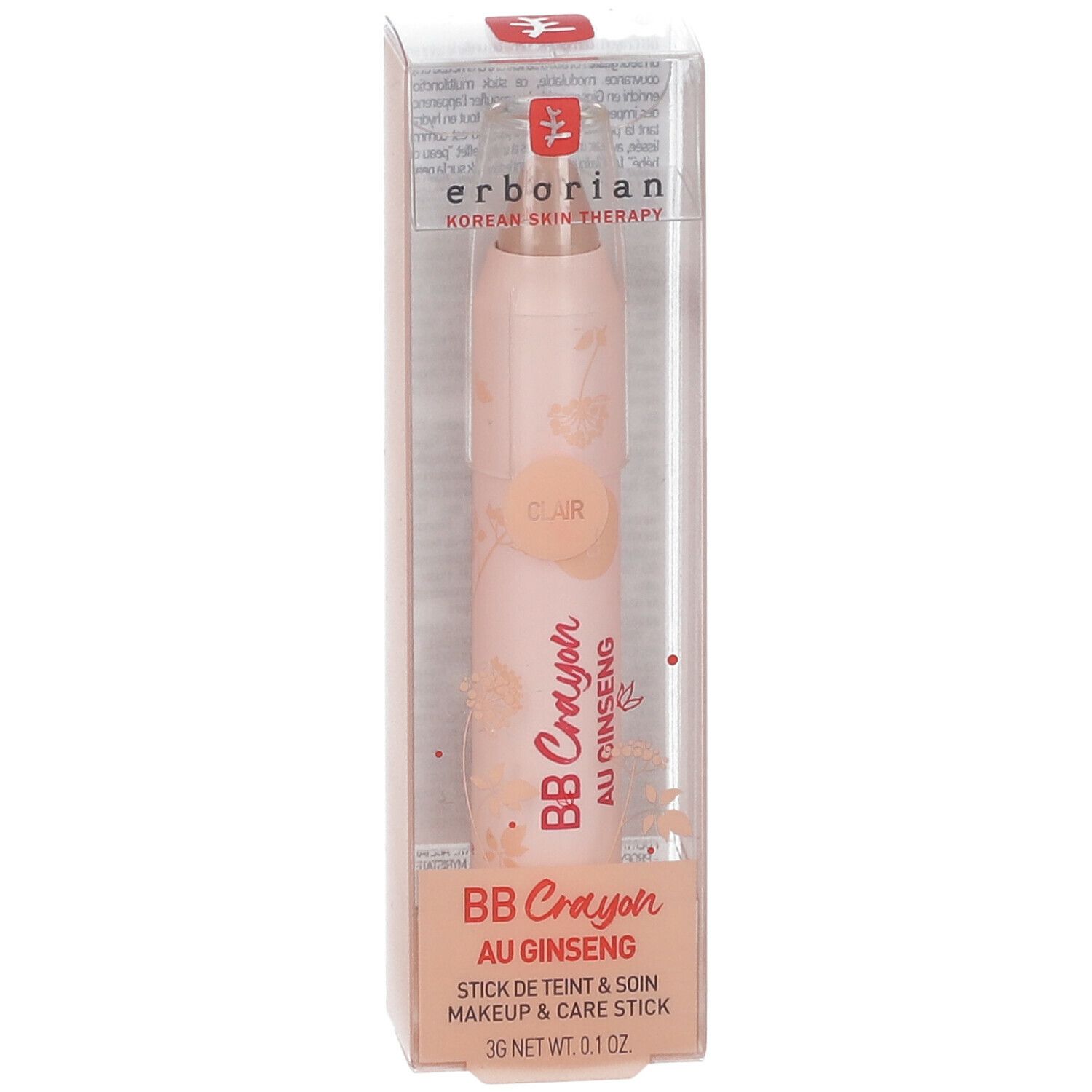 Crayon BB Erborian en boîte. Bâton rose avec texte. Emballage transparent.