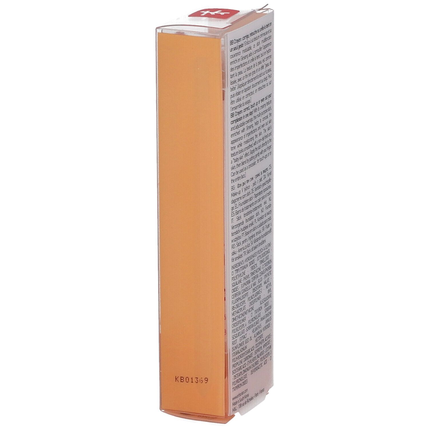 Dos de l'emballage de BB Crayon au Ginseng. Boîte orange avec texte. KB01369.