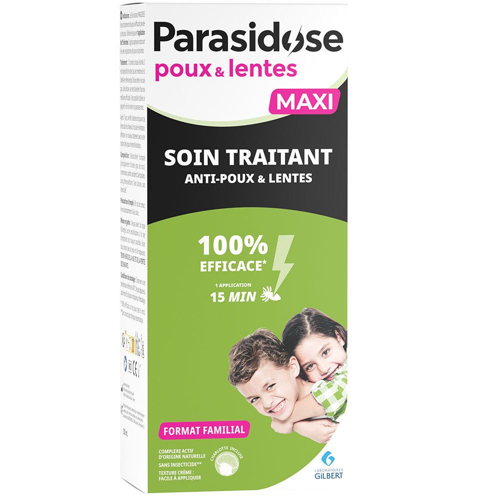 Boîte de soin anti-poux et lentes. Enfants sur l'emballage. Design vert et blanc. Format familial.