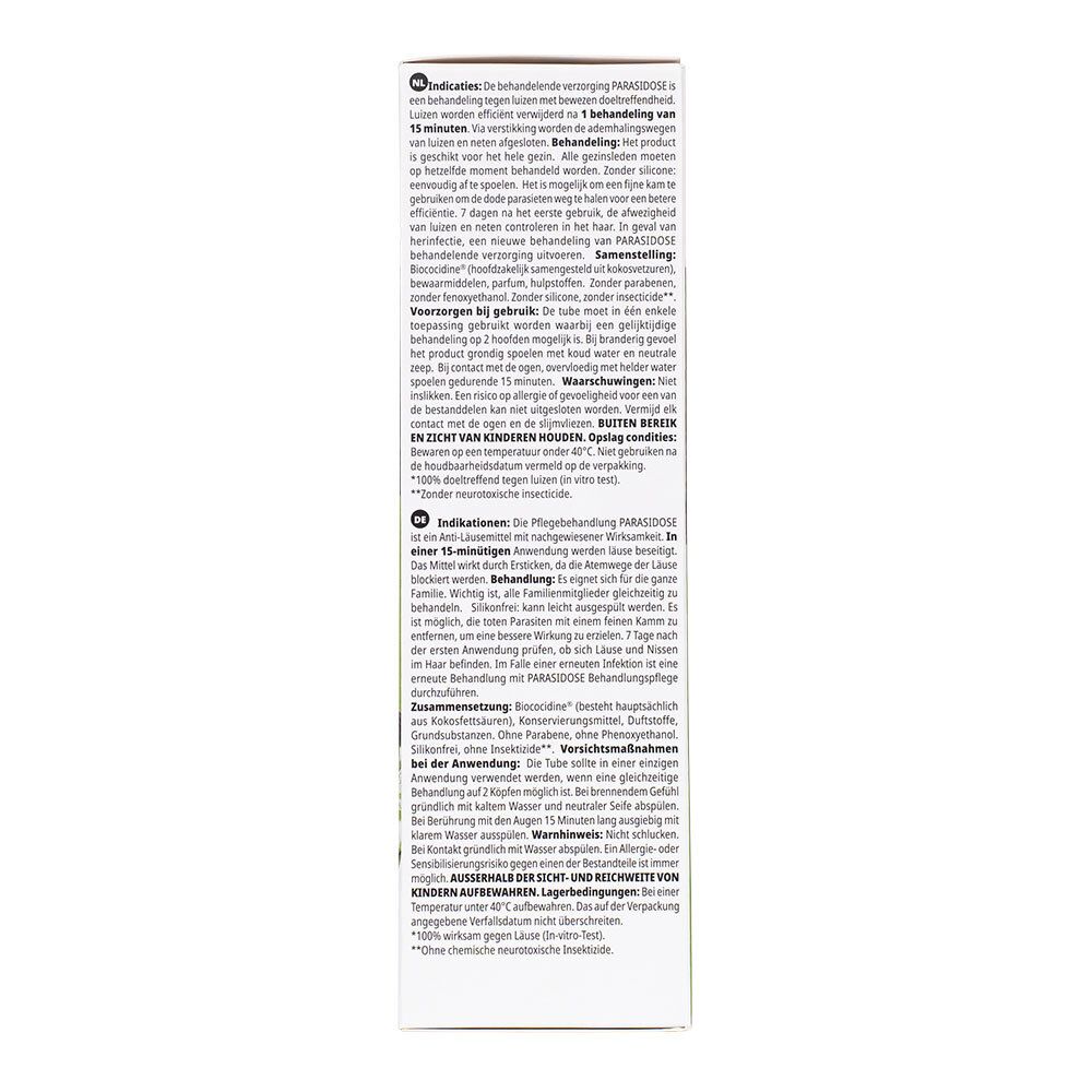 Dos de la boîte de soin anti-poux et lentes. Texte en plusieurs langues. Informations sur le produit.