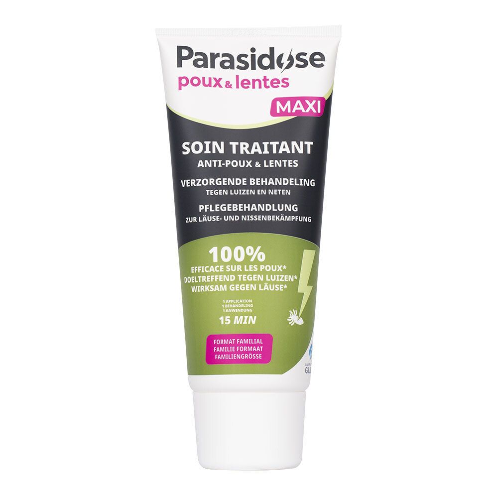 Tube de soin anti-poux et lentes. Inscription Parasidose. Design vert et blanc.