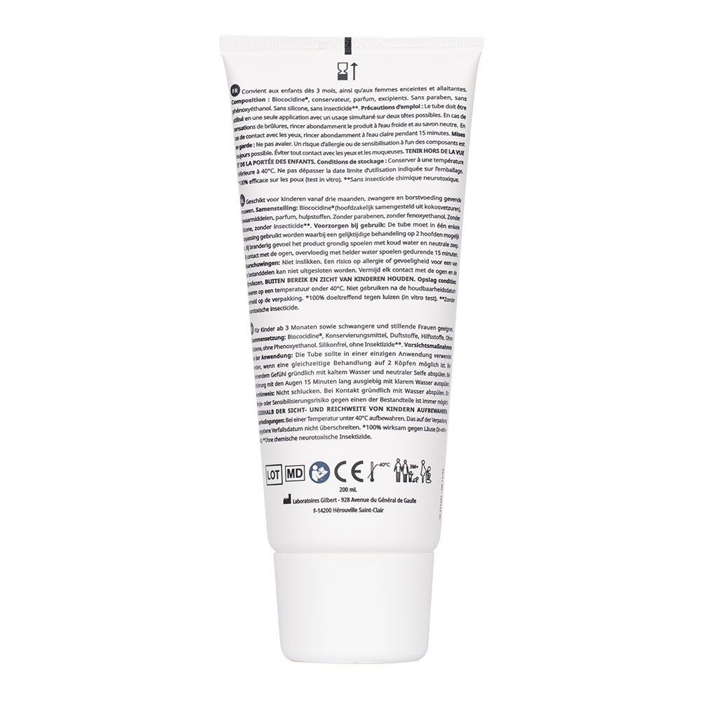Dos du tube de soin anti-poux et lentes. Texte en plusieurs langues. Informations sur le produit.