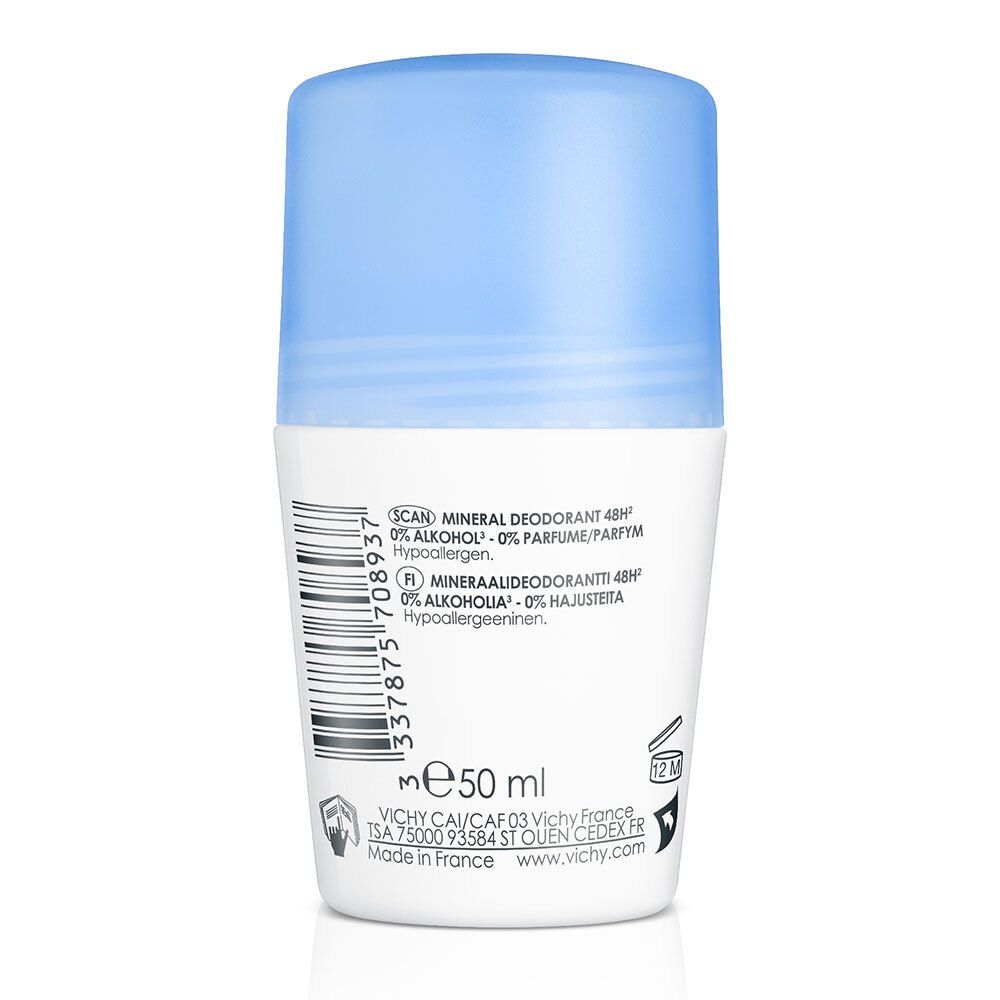 Dos d'un déodorant roll-on. Bouchon bleu, contenant blanc. Code-barres, texte: 50 ml, VICHY, 0% alcool.