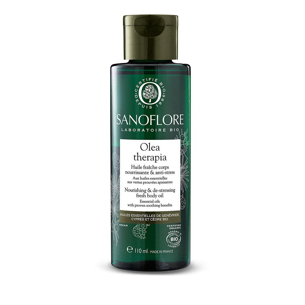 Flacon vert d'huile Olea therapia. Huile fraîche corps nourrissante & anti-stress. Certifié bio.