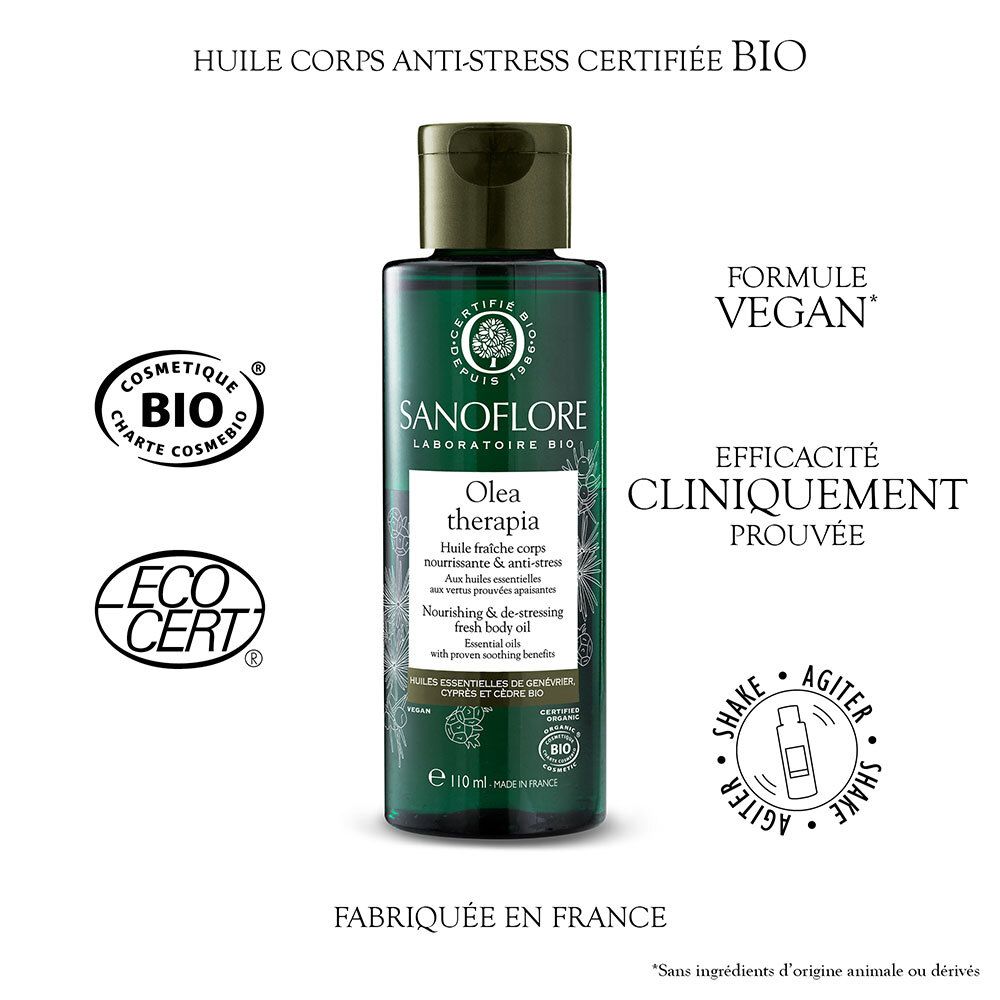 Flacon d'huile, certifications bio, vegan. Olea therapia, efficacité cliniquement prouvée.