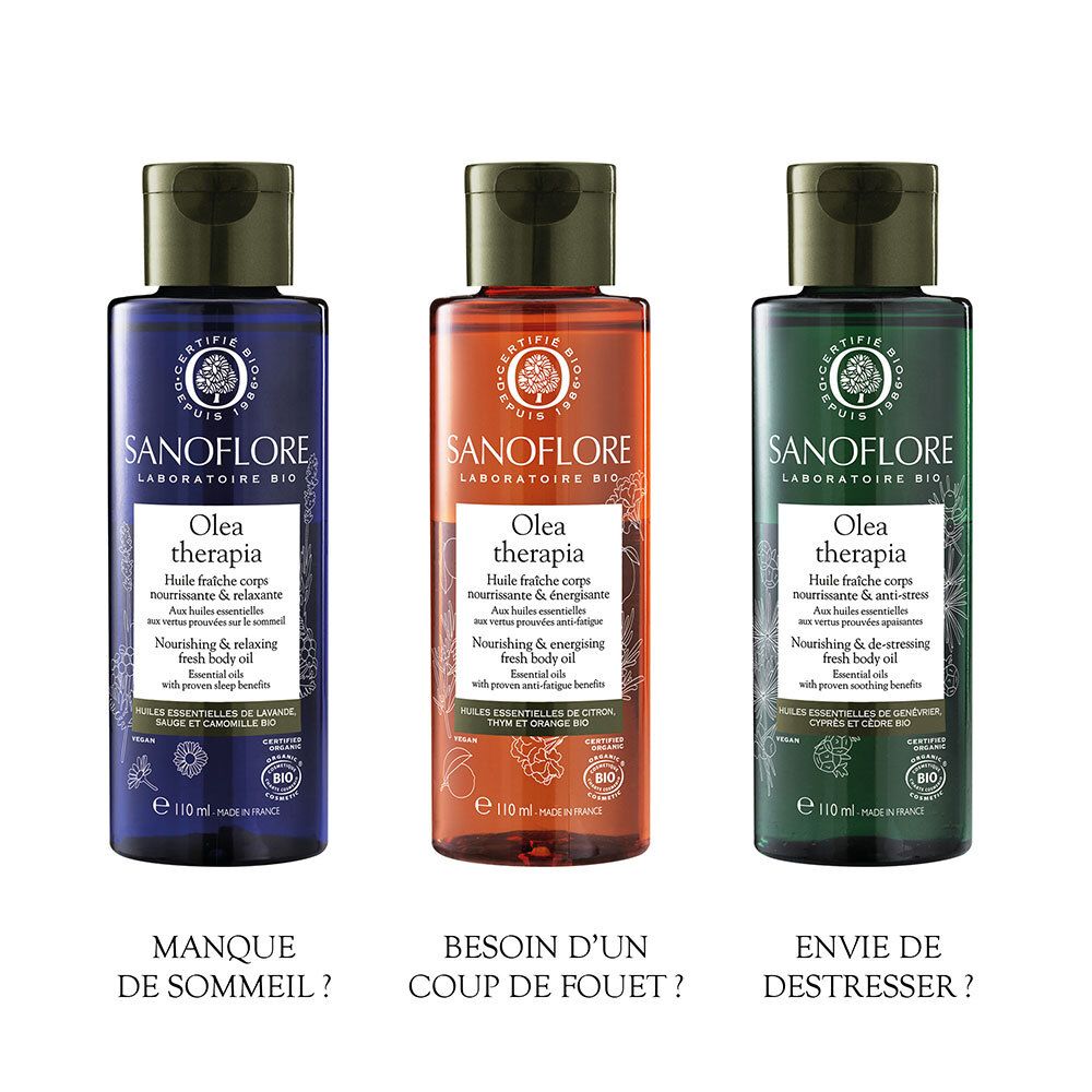 Trois flacons d'huile: bleu, orange, vert. Olea therapia. Manque de sommeil? Coup de fouet? Détresse?