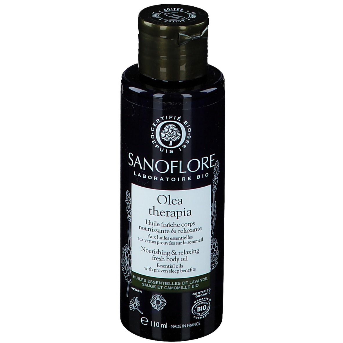 Schwarze Flasche mit Sanoflore-Etikett. Olea therapia, Körperöl. Bio-Zertifizierung. Deckel mit 'SHAKE'.