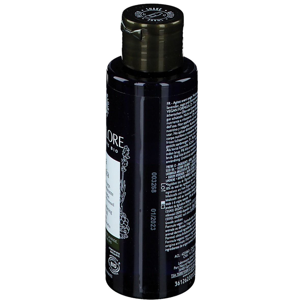 Schwarze Flasche, Rückseite mit Text. Sanoflore-Logo, Chargennummer, Ablaufdatum. Bio-Zertifizierung.