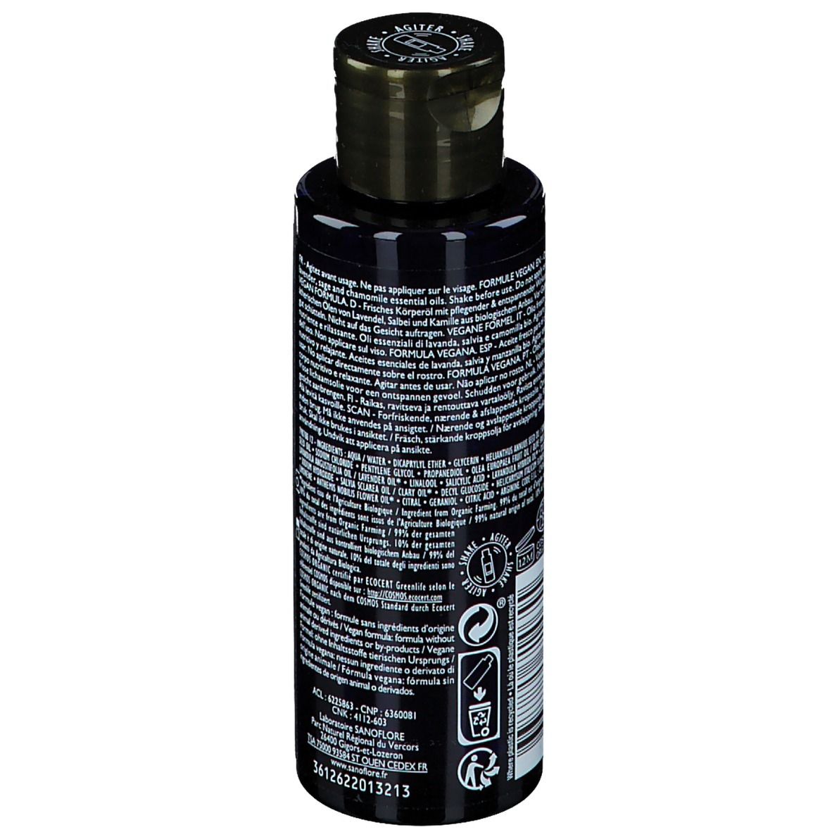 Schwarze Flasche, Rückseite mit Text. Sanoflore-Logo, Text in mehreren Sprachen, Bio-Zertifizierung.