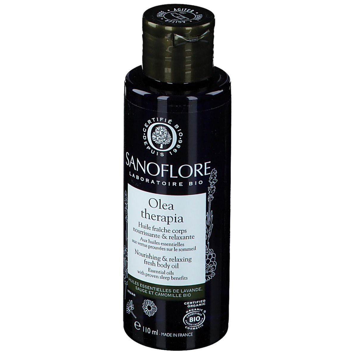 Schwarze Flasche mit Sanoflore-Etikett. Olea therapia, Körperöl. Bio-Zertifizierung. Deckel mit 'SHAKE'.