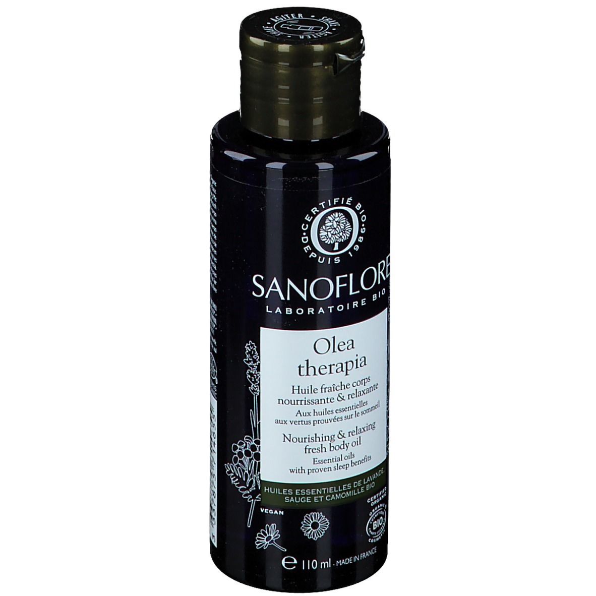 Schwarze Flasche mit Sanoflore-Etikett. Olea therapia, Körperöl. Bio-Zertifizierung. Deckel mit 'SHAKE'.