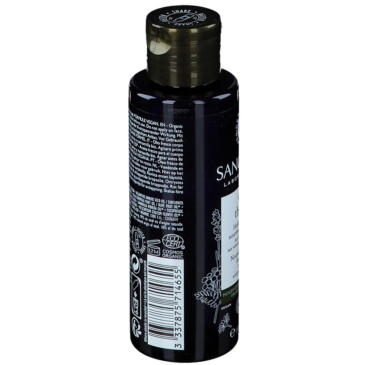 Schwarze Flasche, Rückseite mit Text. Sanoflore-Logo, Text, Bio-Zertifizierung, Barcode.