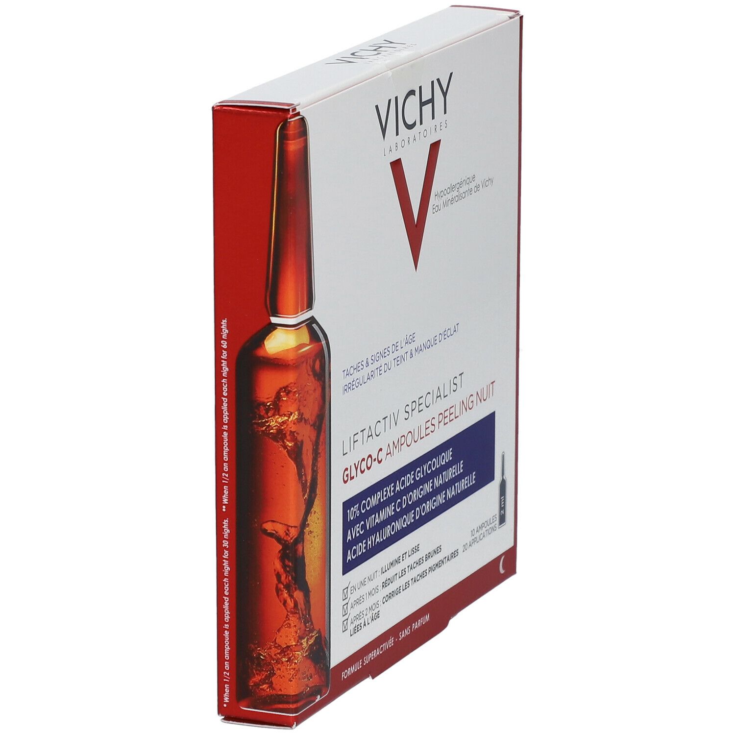 Boîte VICHY LIFTACTIV SPECIALIST Glyco-C Ampoules Peeling Nuit. Ampoule visible. Texte en français. Emballage blanc et rouge.