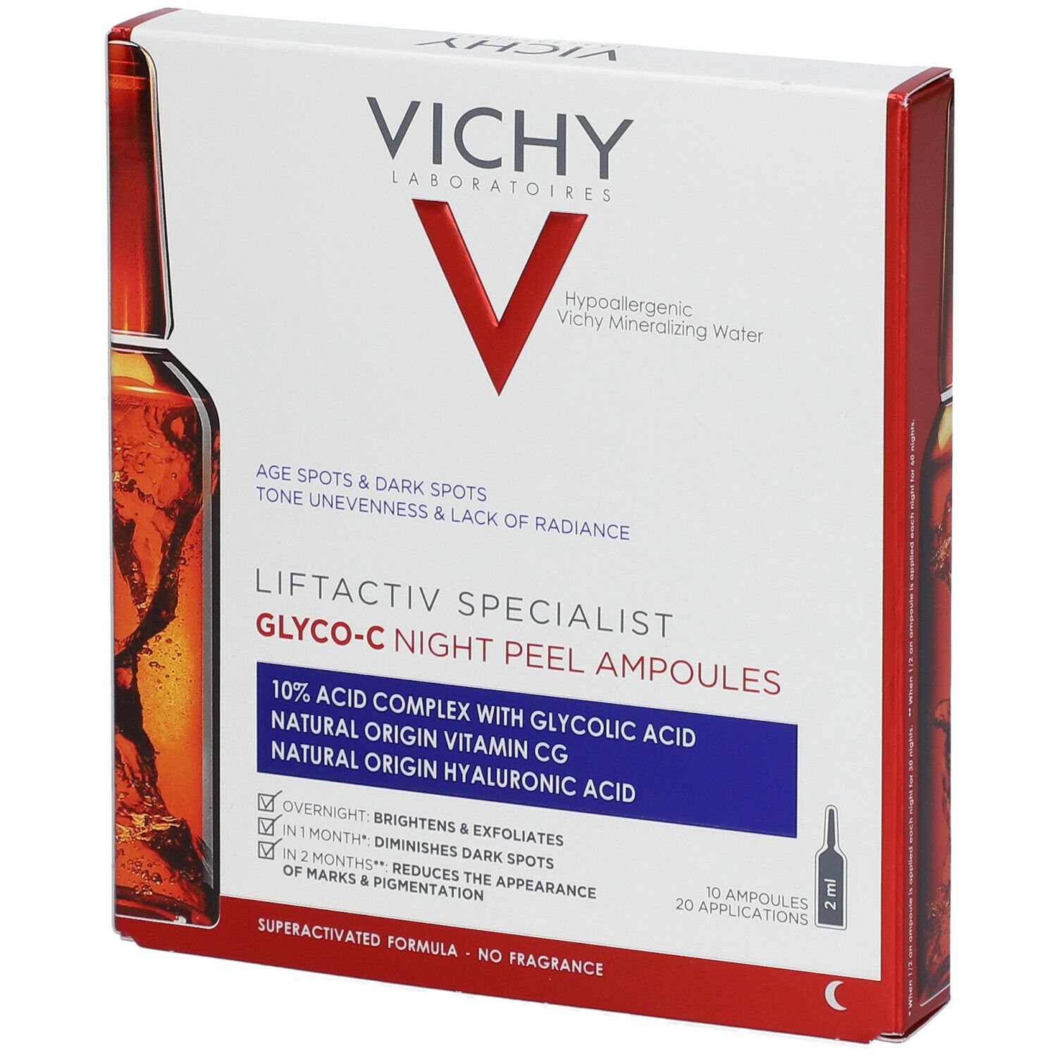 Boîte VICHY LIFTACTIV SPECIALIST Glyco-C Night Peel Ampoules. Texte en anglais. Emballage blanc et rouge.
