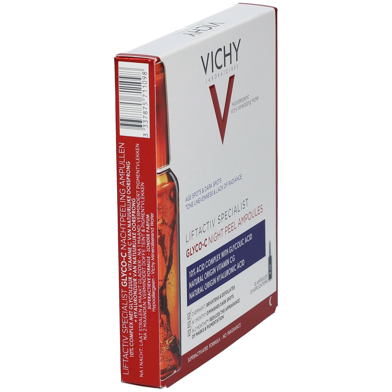 Boîte VICHY LIFTACTIV SPECIALIST Nachtpeeling Ampullen. Texte en néerlandais. Emballage blanc et rouge.
