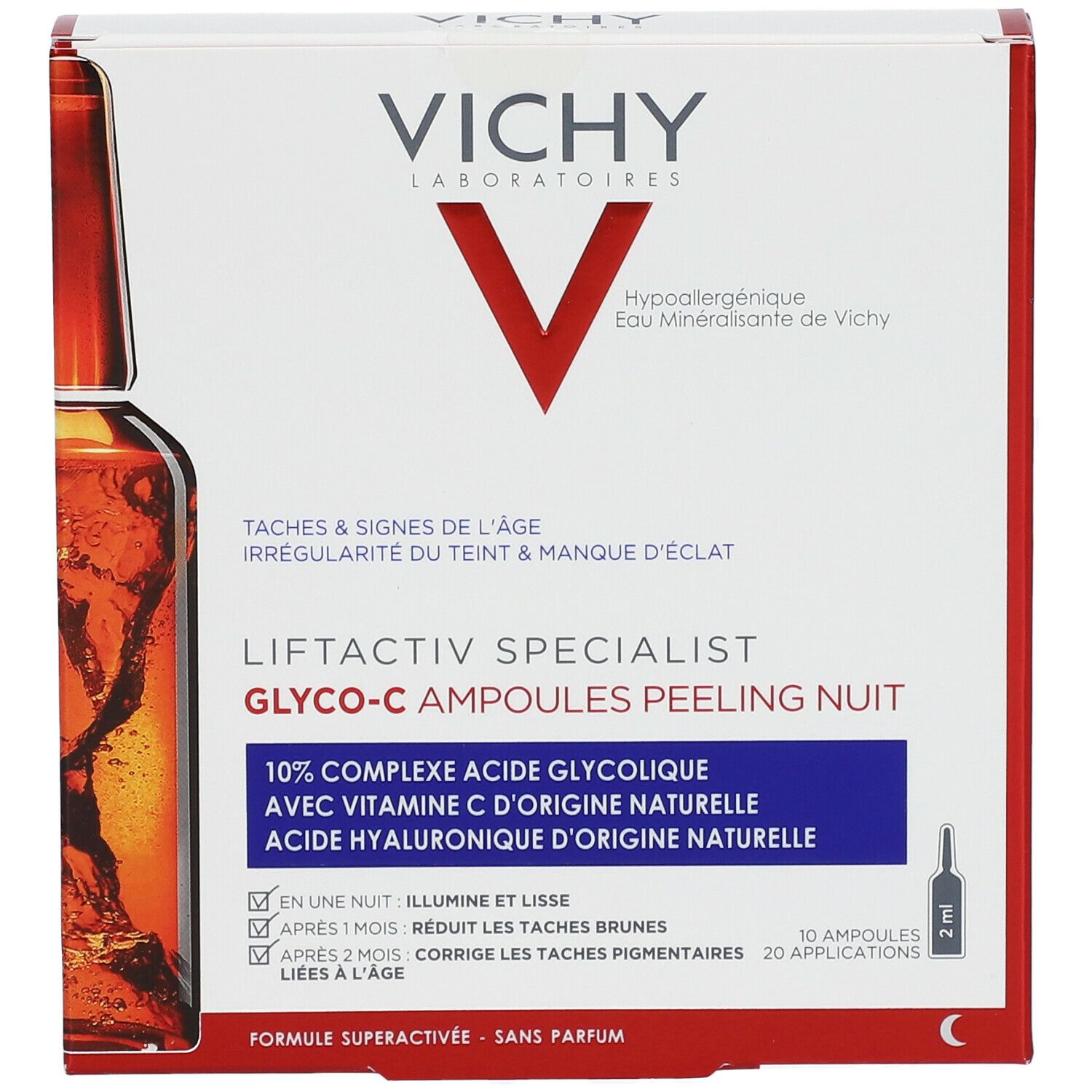 Boîte VICHY LIFTACTIV SPECIALIST Glyco-C Ampoules Peeling Nuit. Texte en français. Emballage blanc et rouge.