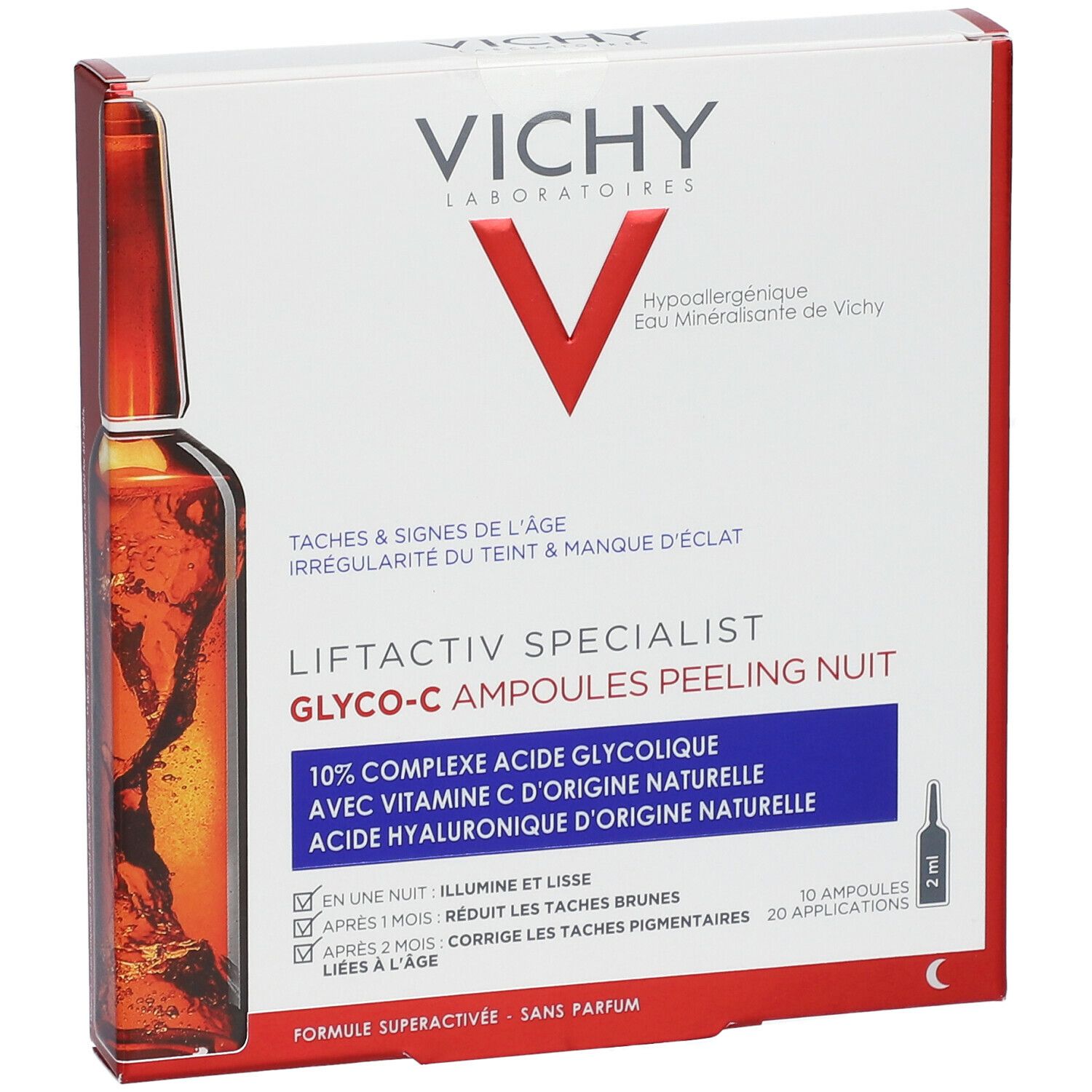 Boîte VICHY LIFTACTIV SPECIALIST Glyco-C Ampoules Peeling Nuit. Texte en français. Emballage blanc et rouge.