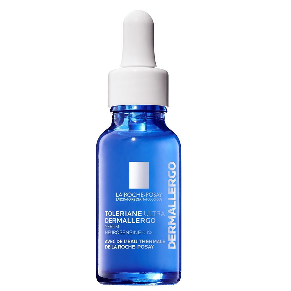 Flacon de sérum bleu avec bouchon blanc et pipette. Inscription : Toleriane Ultra Dermallergo Serum.