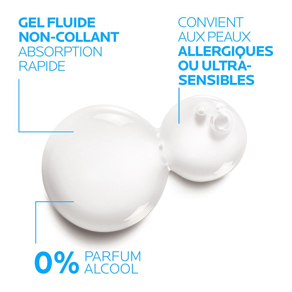 Gouttes. Texte : Gel fluide, non-collant, absorption rapide. Convient aux peaux allergiques ou ultra-sensibles. 0% parfum alcool.