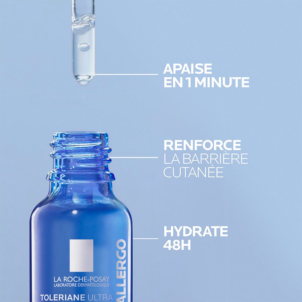 Flacon bleu avec texte : Apaise en 1 minute, renforce la barrière cutanée, hydrate 48h. Avec pipette.