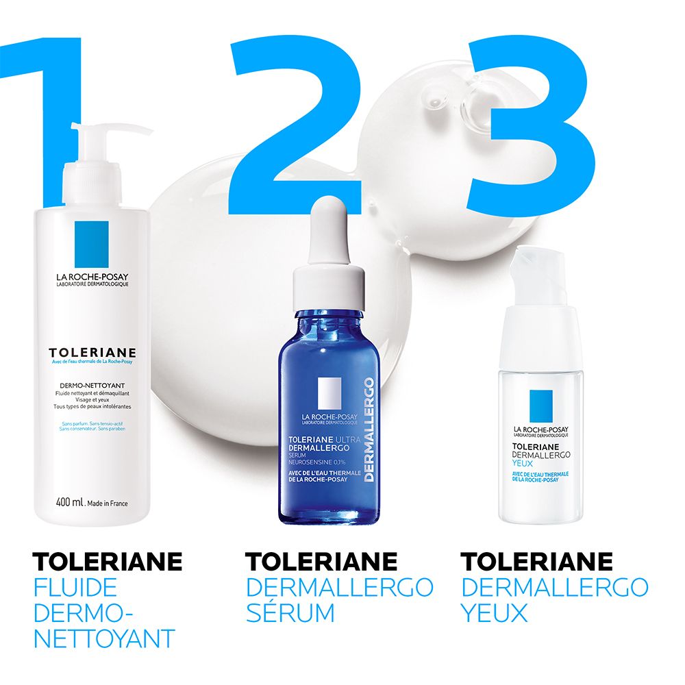 Trois produits : Toleriane Fluide Dermo-Nettoyant, Toleriane Dermallergo Sérum, Toleriane Dermallergo Yeux.