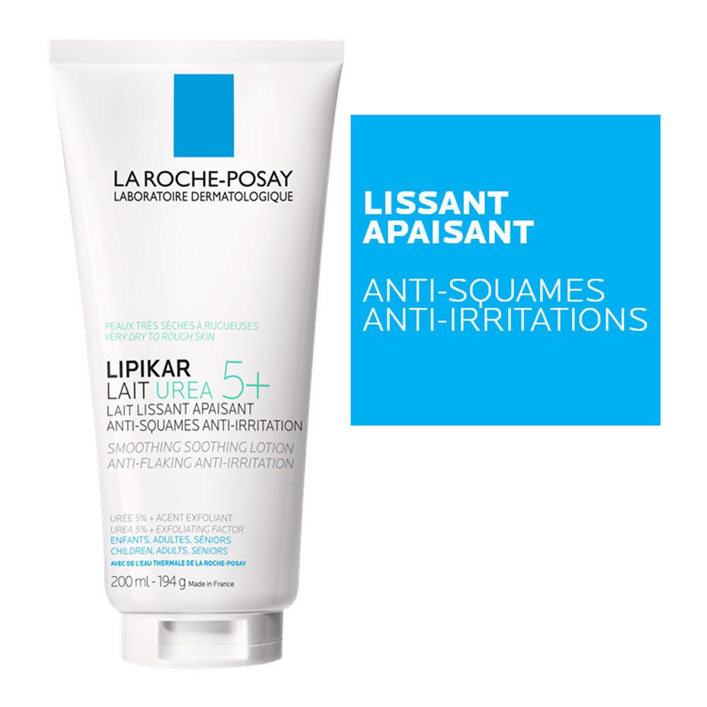 Tube blanc avec accent bleu. Texte: LA ROCHE-POSAY, LIPKAR UREA 5+. Lotion lissante. Champ bleu.