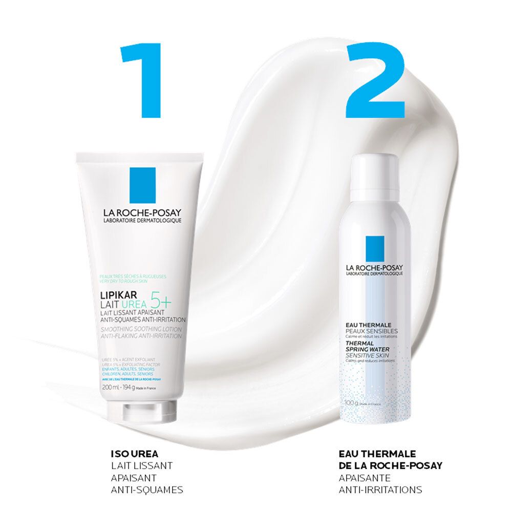 Deux produits: ISO UREA Lait et EAU THERMALE. Texture blanche. Texte: ISO UREA, Lait lissant, EAU THERMALE.