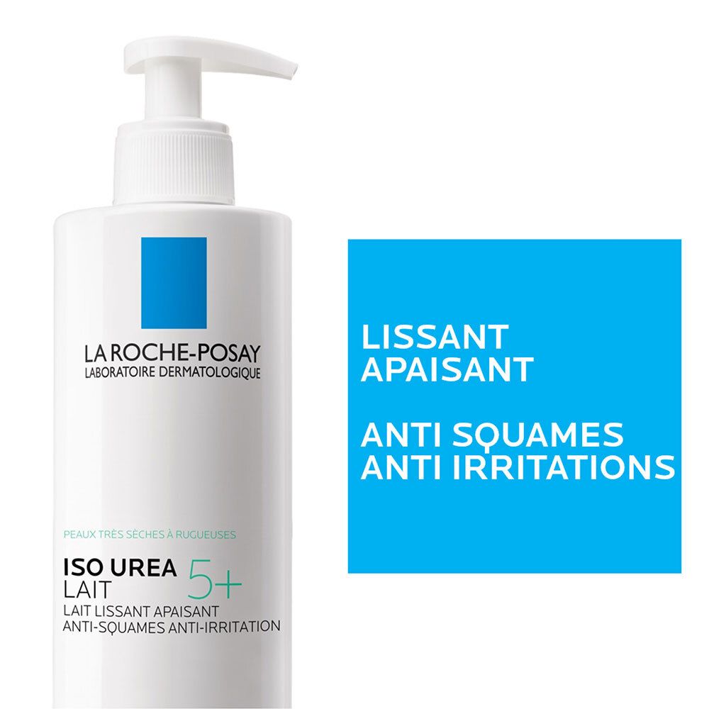 Flacon blanc avec pompe. Marque bleue avec logo. Texte: ISO UREA LAIT 5+. Lissant, apaisant, anti-squames, anti-irritations.