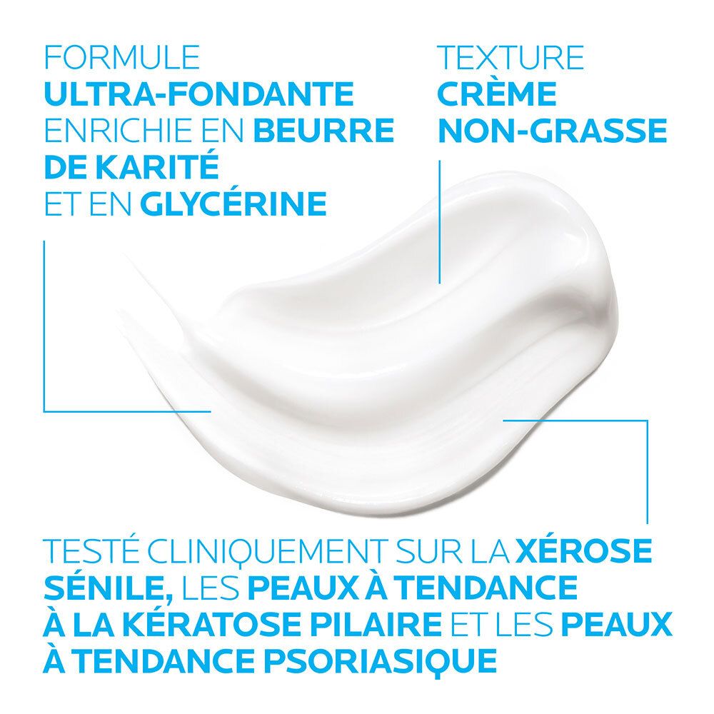 Produit blanc. Texte: Formule ultra-fondante enrichie en beurre de karité et glycérine. Texture crème non grasse.
