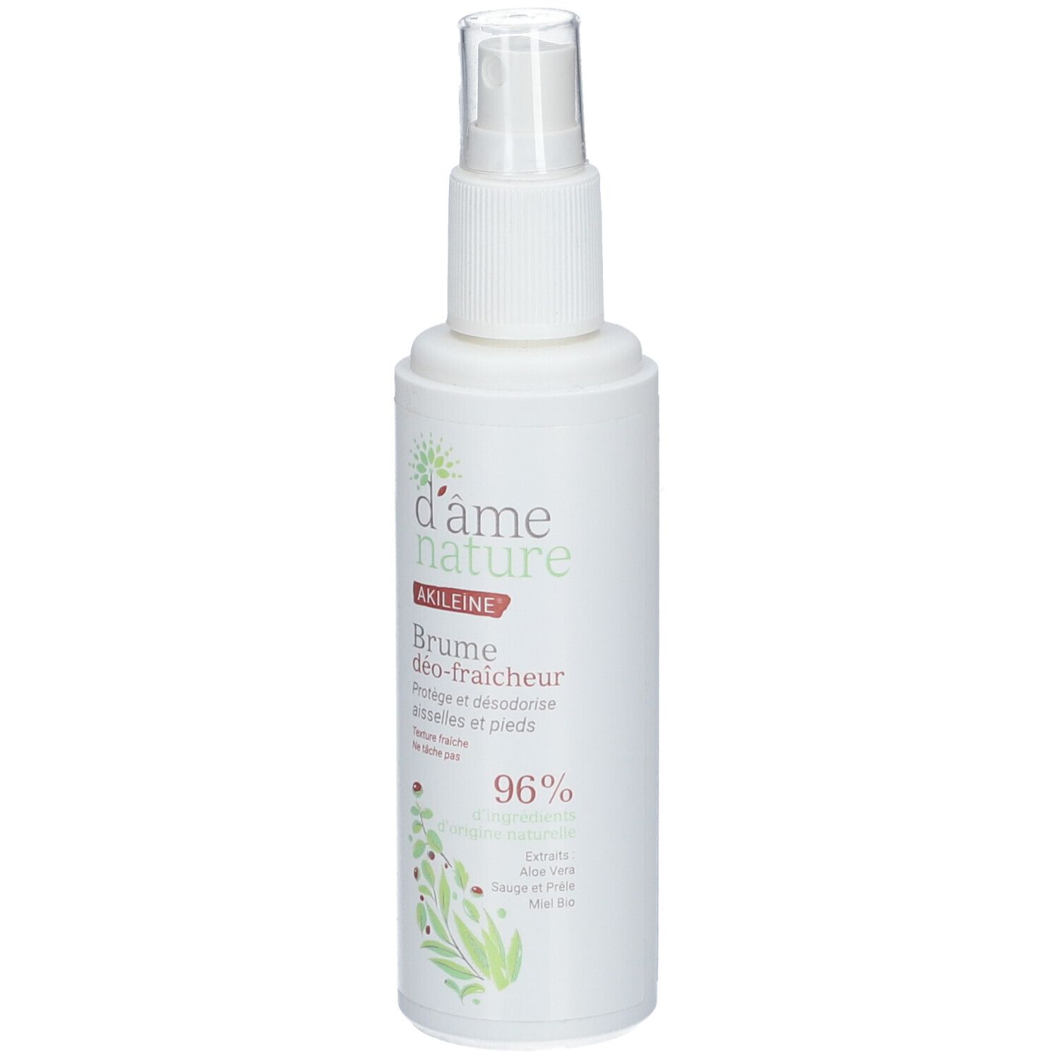 Weiße Sprühflasche mit Aufschrift d'âme nature, Akileïne, Brume déo-fraîcheur. 96%.