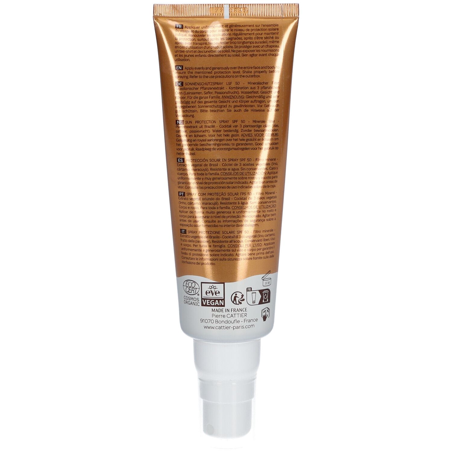 Dos du tube marron. Texte multilingue. Label Vegan et certification COSMOS ORGANIC.