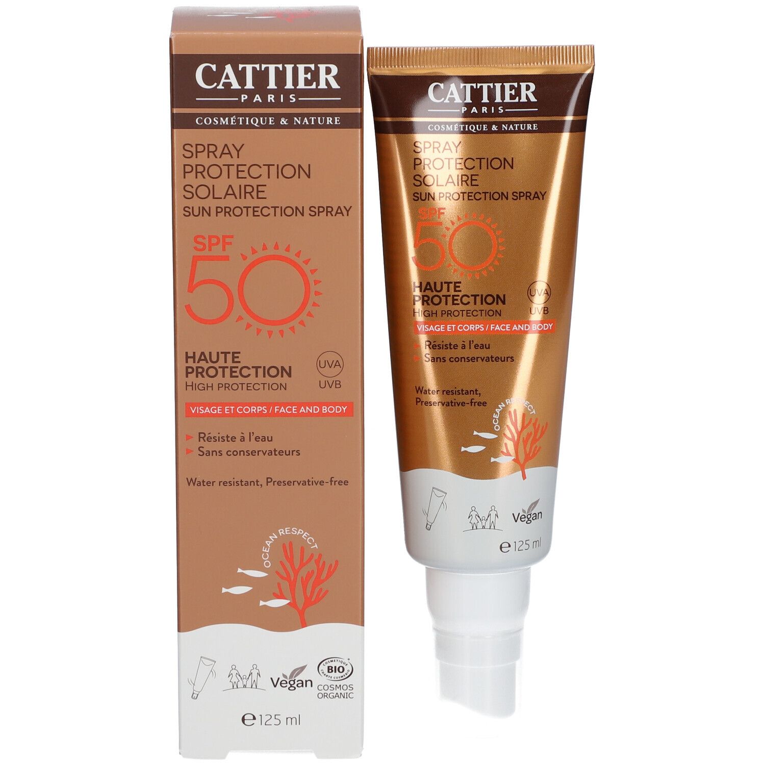 Emballage produit avec tube et carton. Inscriptions: CATTIER, Spray Protection Solaire SPF50 Bio. Label Vegan.