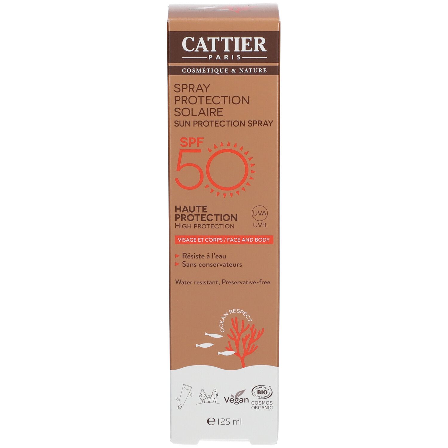 Boîte marron avec inscriptions: CATTIER, Spray Protection Solaire SPF50 Bio. Label Vegan et COSMOS ORGANIC.