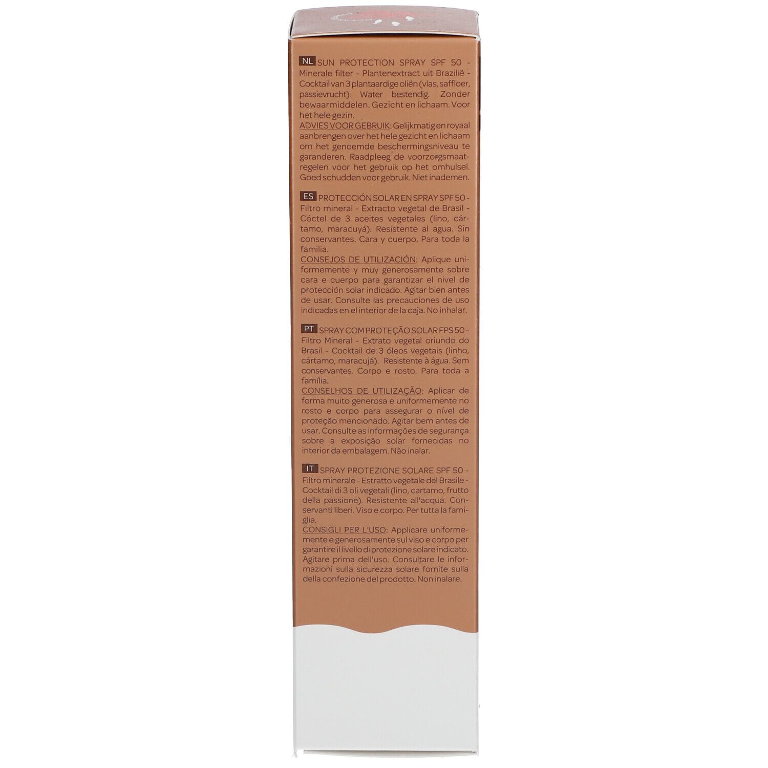 Dos de la boîte marron. Texte multilingue. Label Vegan et certification COSMOS ORGANIC.