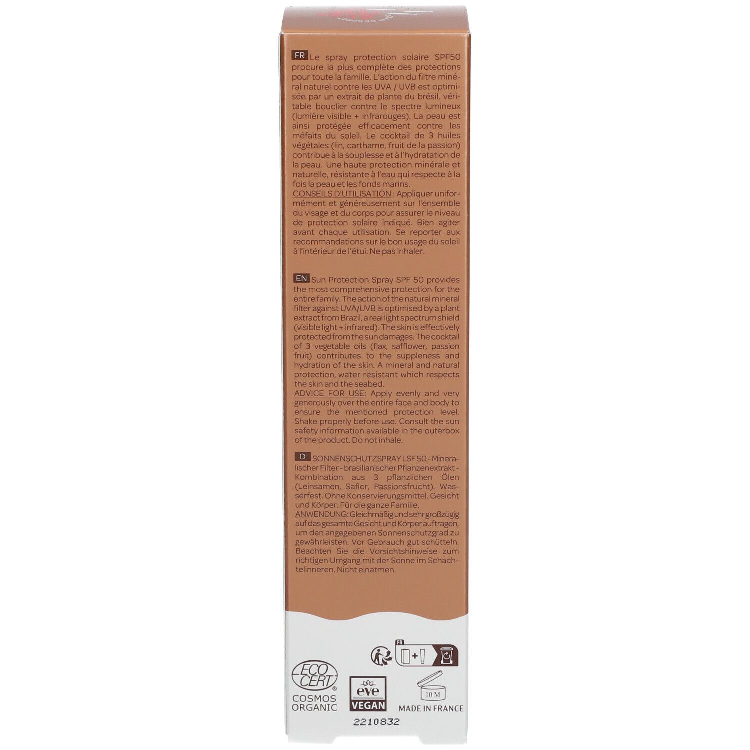 Côté de la boîte marron. Texte multilingue. Label Vegan et certification COSMOS ORGANIC.