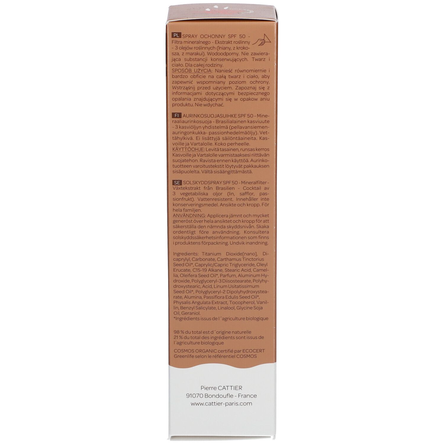 Côté de la boîte marron. Ingrédients et certifications. Label Vegan et COSMOS ORGANIC.