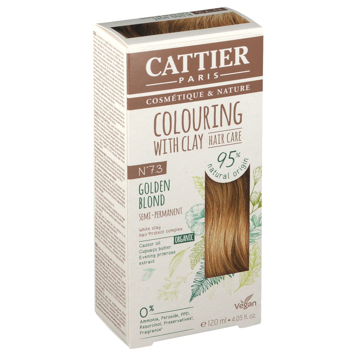 Boîte de CATTIER Haarfarbe No. 7.3 Goldblond. Inscription : Colouring with clay hair care, Golden Blond, 95% natural origin.