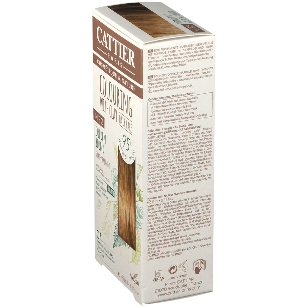 Vue latérale de la boîte de CATTIER Haarfarbe No. 7.3 Goldblond. Texte : Colouring with clay hair care, 95% natural origin.