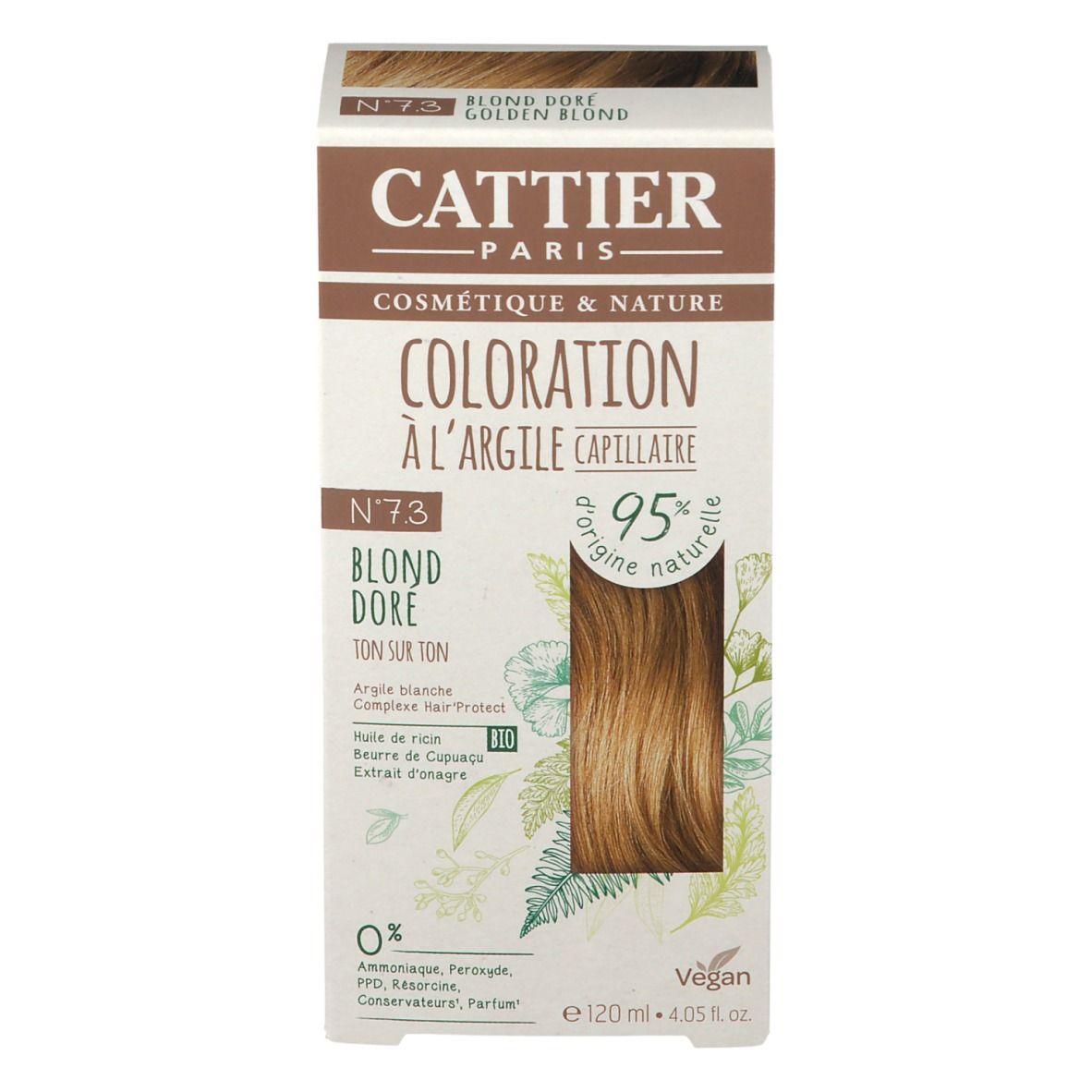 Boîte de CATTIER Haarfarbe No. 7.3 Goldblond. Inscription : Coloration à l'argile capillaire, Blond Doré, 95% origine naturelle.