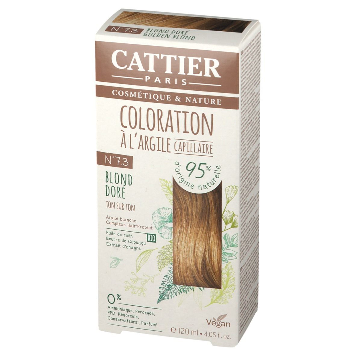 Boîte de CATTIER Haarfarbe No. 7.3 Goldblond. Inscription : Coloration à l'argile capillaire, Blond Doré, 95% origine naturelle.