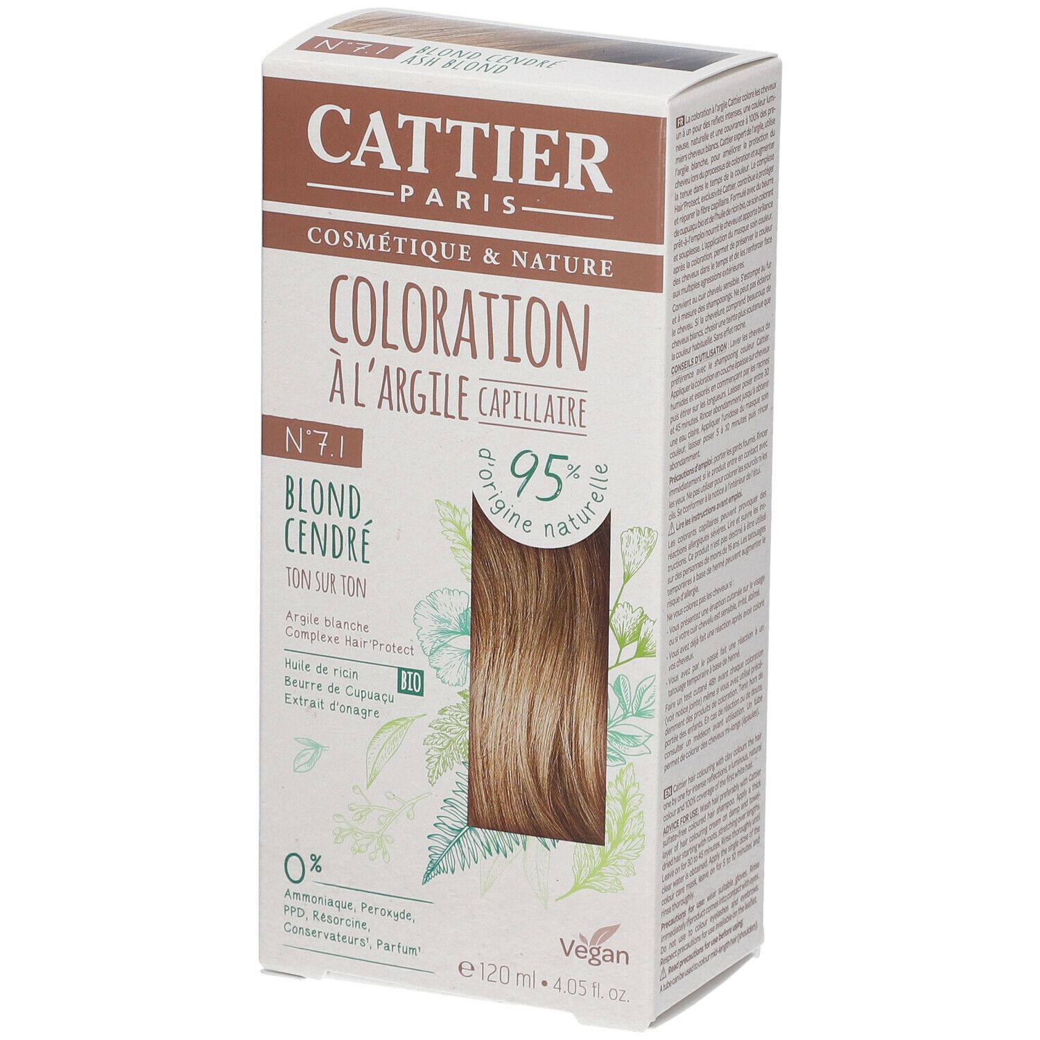 Boîte de coloration capillaire CATTIER 7.1 Blond cendré. Inscription : 'Coloration à l'argile capillaire', '95% d'origine naturelle', 'Vegan'.