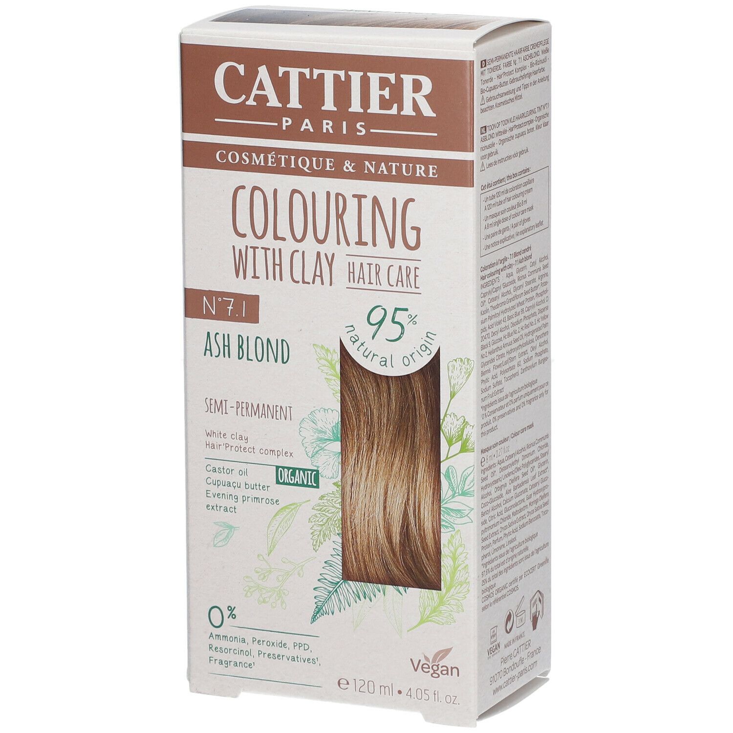 Boîte de coloration capillaire CATTIER 7.1 Blond cendré. Inscriptions : 'Colouring with clay hair care', '95% natural origin', 'Vegan'.