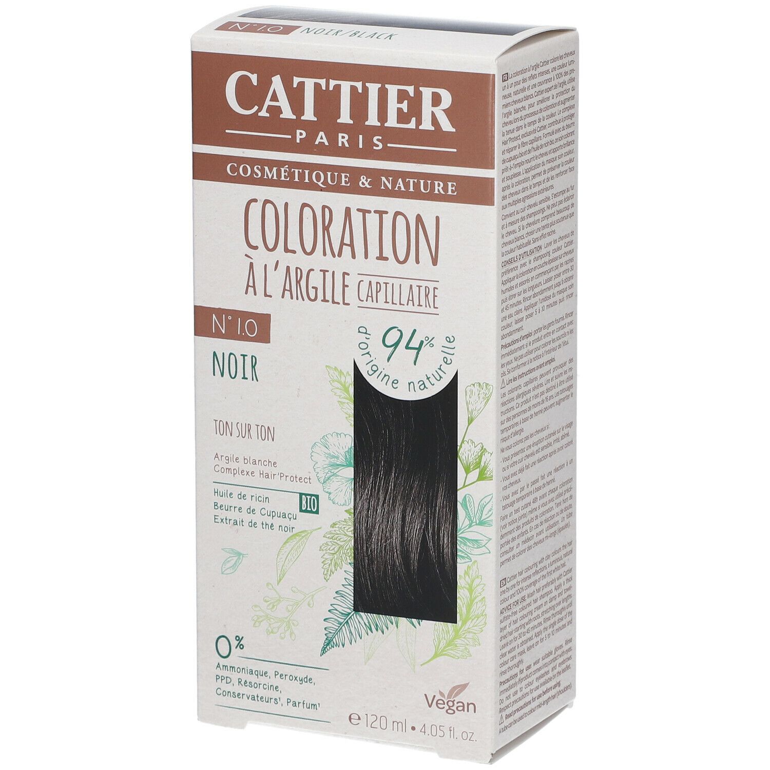 Boîte de coloration capillaire avec mèche noire. Texte: CATTIER, Coloration à l'argile capillaire, N°10 Noir, 94% d'origine naturelle, Vegan.