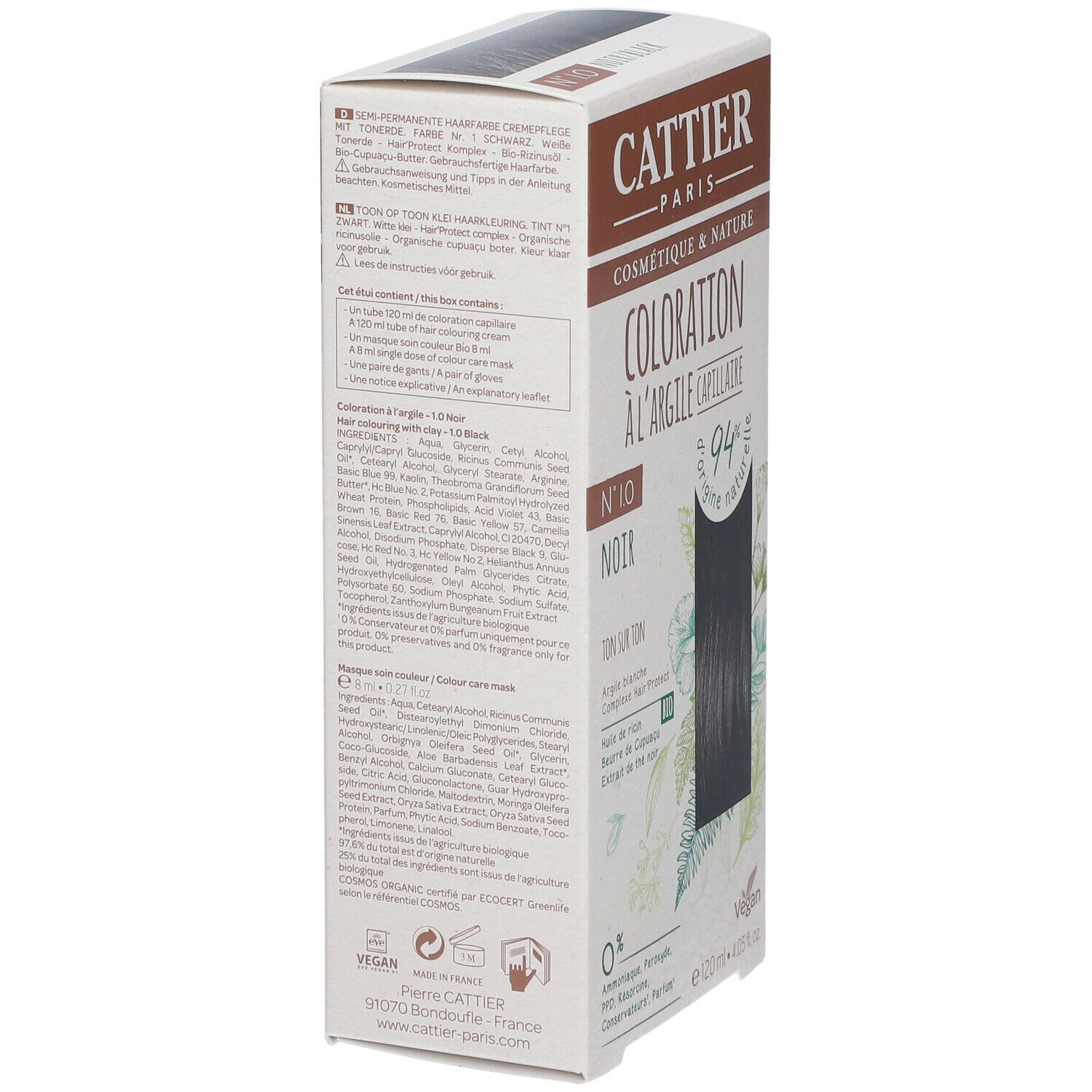 Dos de la boîte de coloration capillaire. Texte: CATTIER, Coloration à l'argile capillaire, N°10 Noir, ingrédients, Vegan, E120 ml.